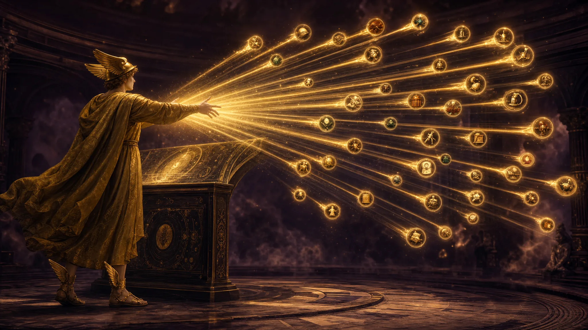 A robed, winged Hermes figure at a control console firing many parallel golden streams of light at once, each flying to its own glowing task-orb — a swarm of tool calls running at the same instant