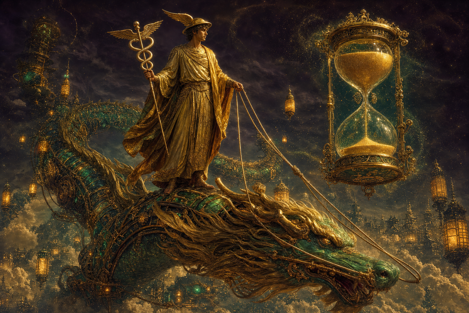 Hermes, fully clothed in a flowing golden chiton and winged helmet, standing on the head of a great jade-and-gold Chinese dragon machine, holding its reins, with a glowing hourglass beside them