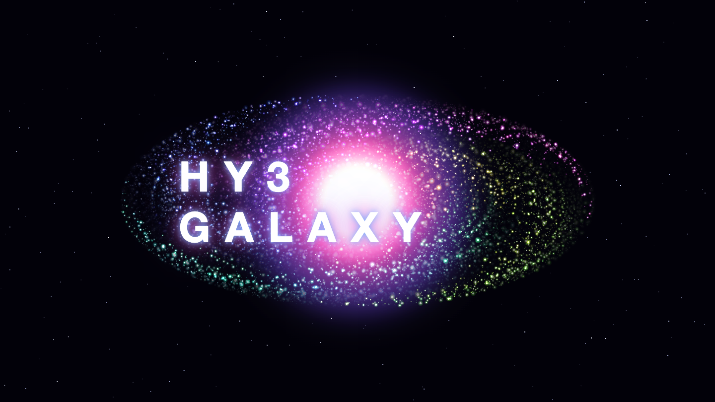 A colorful spiral galaxy with a glowing pink core and the title HY3 GALAXY, built by Hy3 in one shot