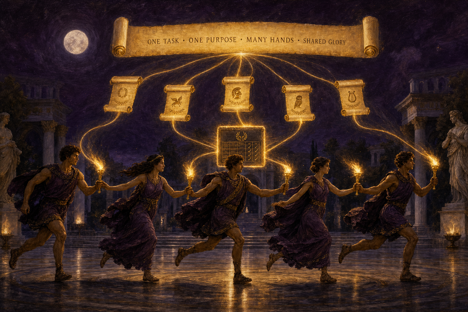 A relay line of figures passing a glowing torch left to right, with one big scroll splitting into smaller scrolls handed to each runner — a picture of one big job split into a team