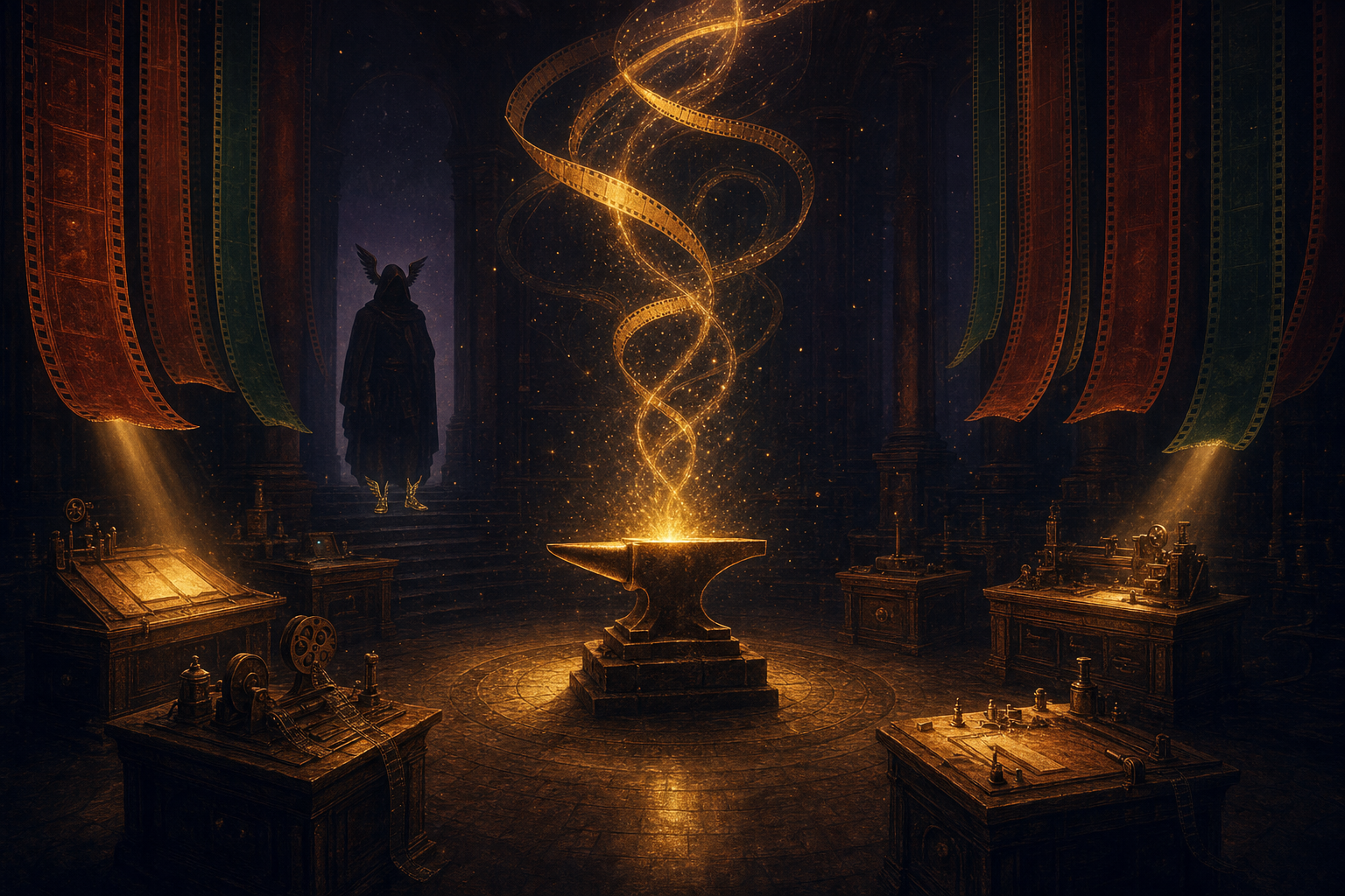 A celestial editorial illustration of the Goldie Vision Forge — five workstations arranged in a semicircle, golden light coalescing into film-strip ribbons spiralling upward