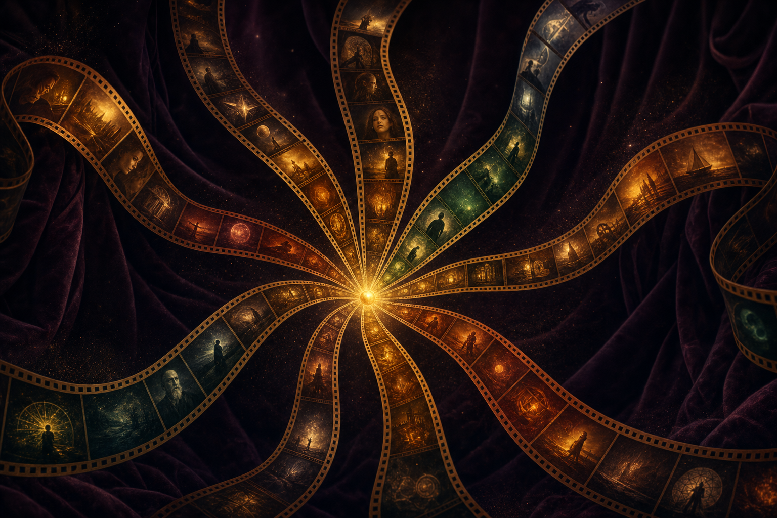 Editorial illustration of a single golden seed exploding outward into seven film-strip ribbons — one source becoming many