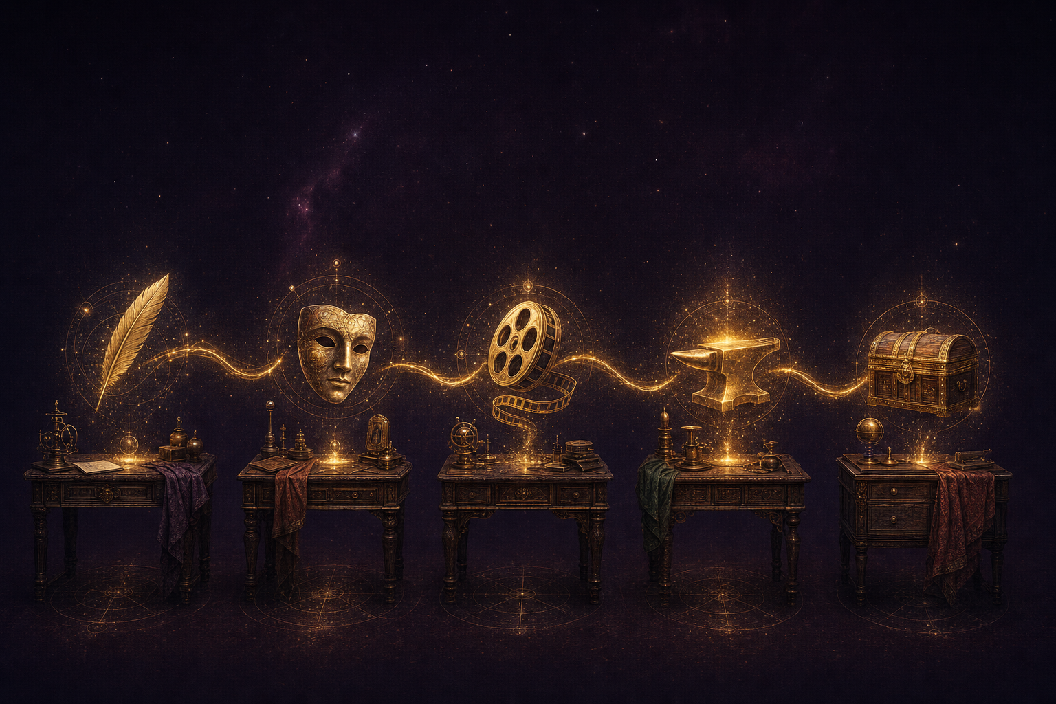 Editorial illustration of five Renaissance workstations in a row, each with a different golden artefact floating above it — the five stations of the Vision Forge