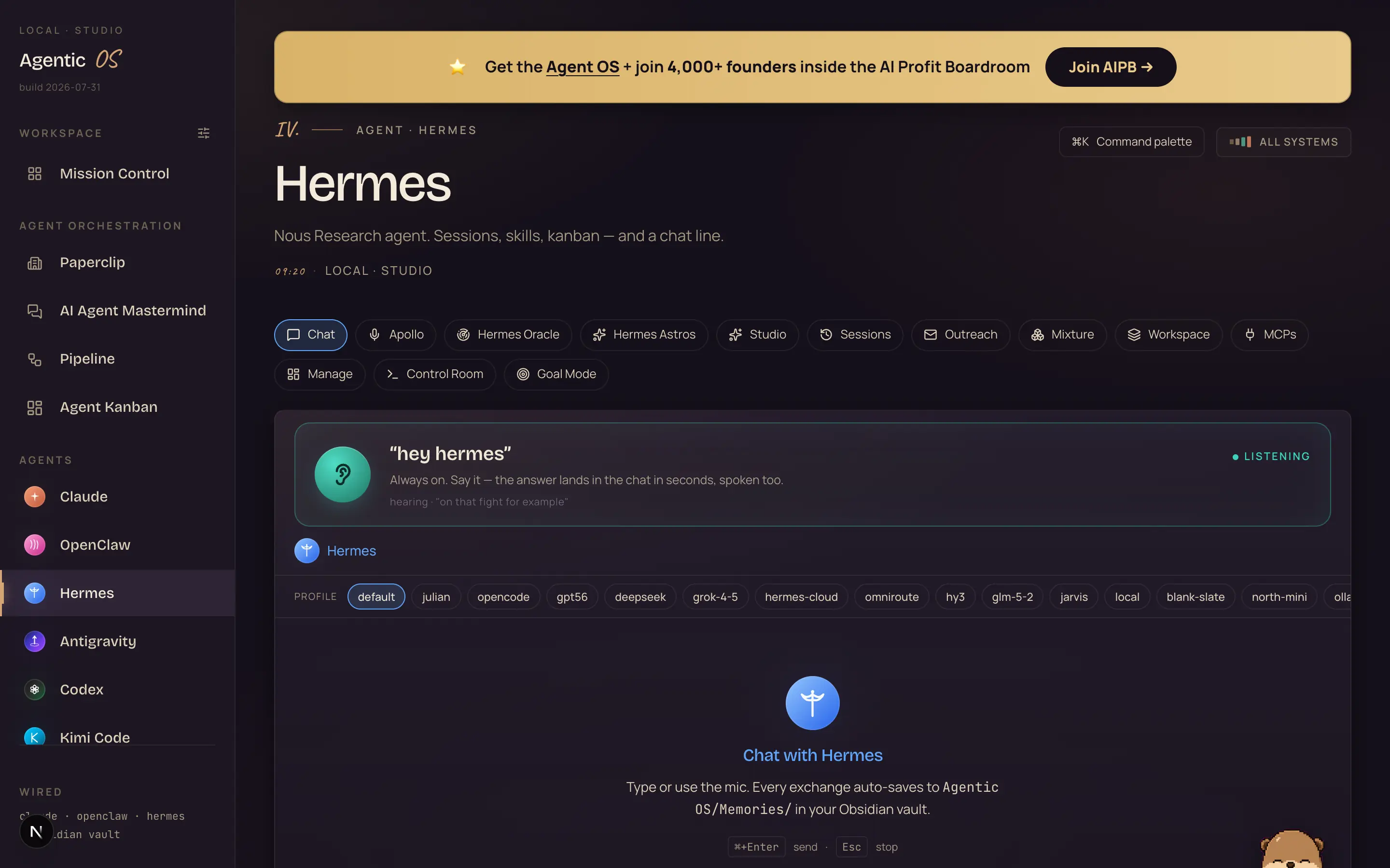The Agent OS Hermes chat with the hey hermes wake word card live and listening