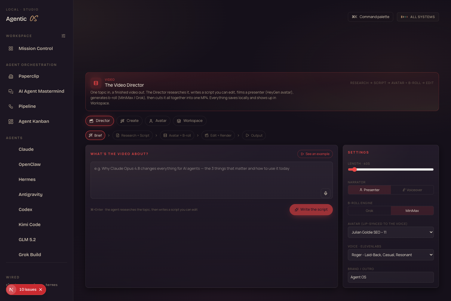 The Agent OS Video Director — topic in, researched script and finished video out