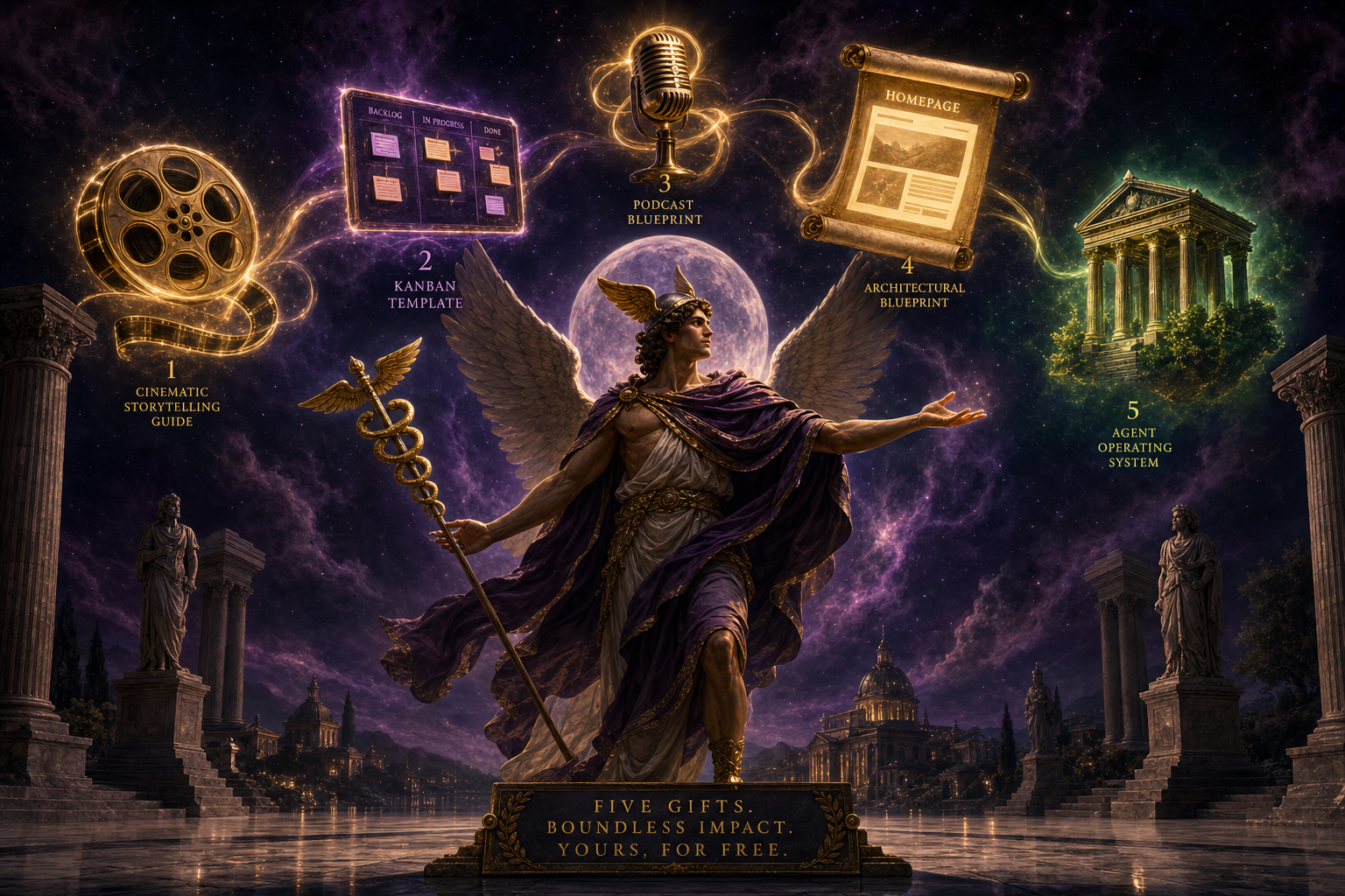 Hermes the messenger with five floating creations radiating outward — film reel, kanban board, podcast microphone, webpage scroll, and a small temple