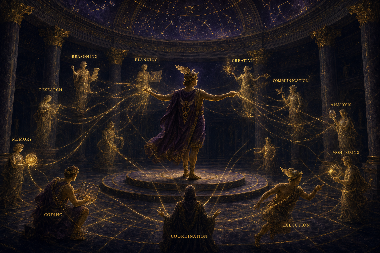 Editorial illustration — Hermes conducting a semicircle of smaller glowing agents in a temple chamber