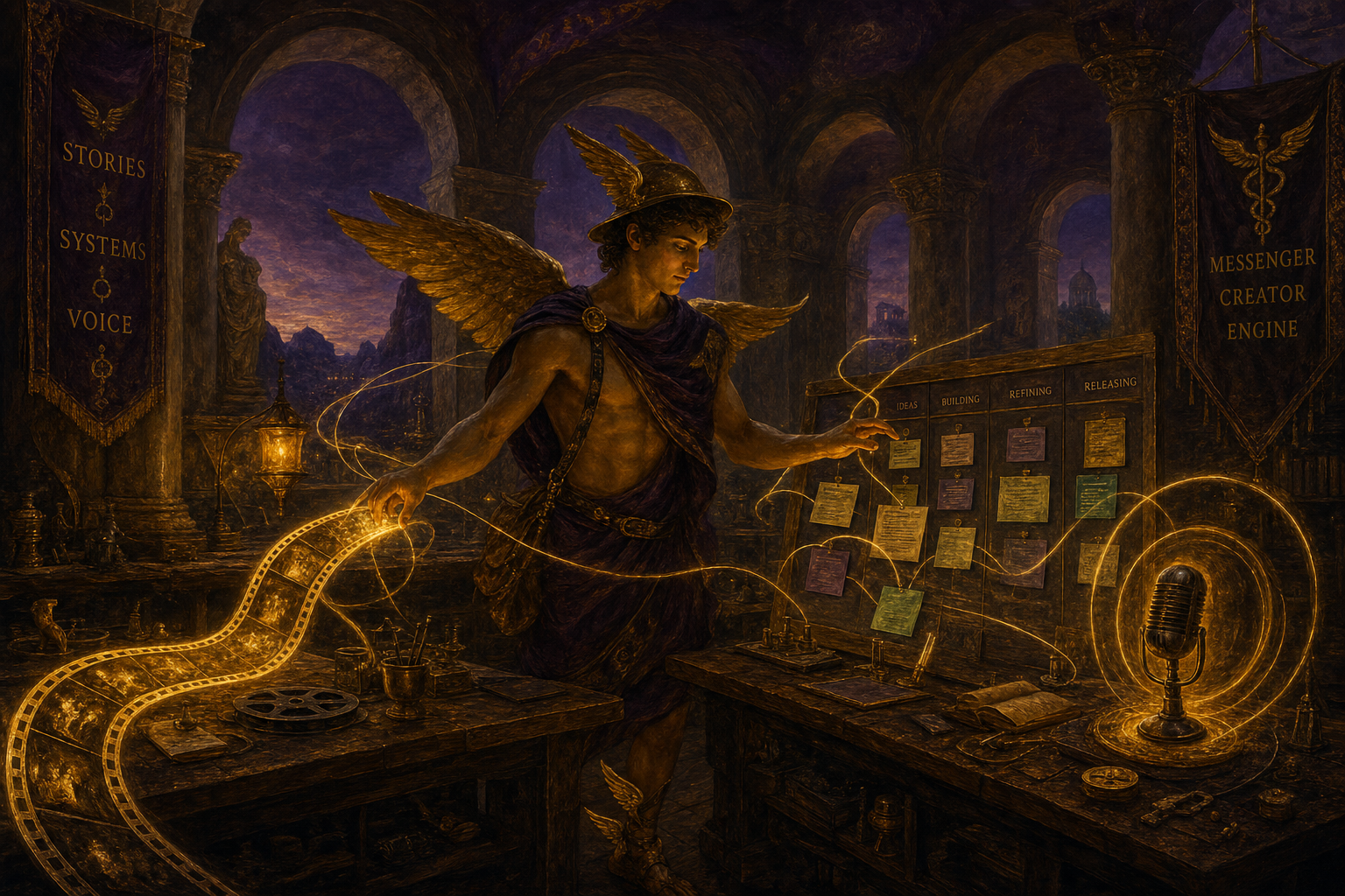 Editorial illustration — Hermes in a workshop crafting videos, kanban boards, and podcast microphones in parallel