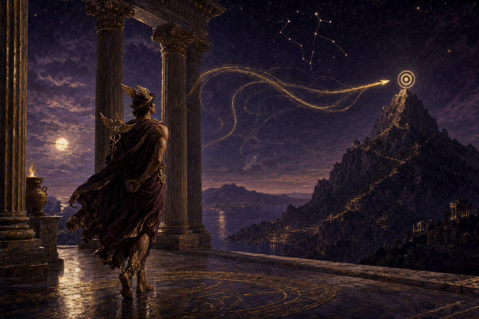 Hermes the messenger releases a single glowing arrow at a distant mountain target and walks away — golden filaments trail behind, weaving autonomously