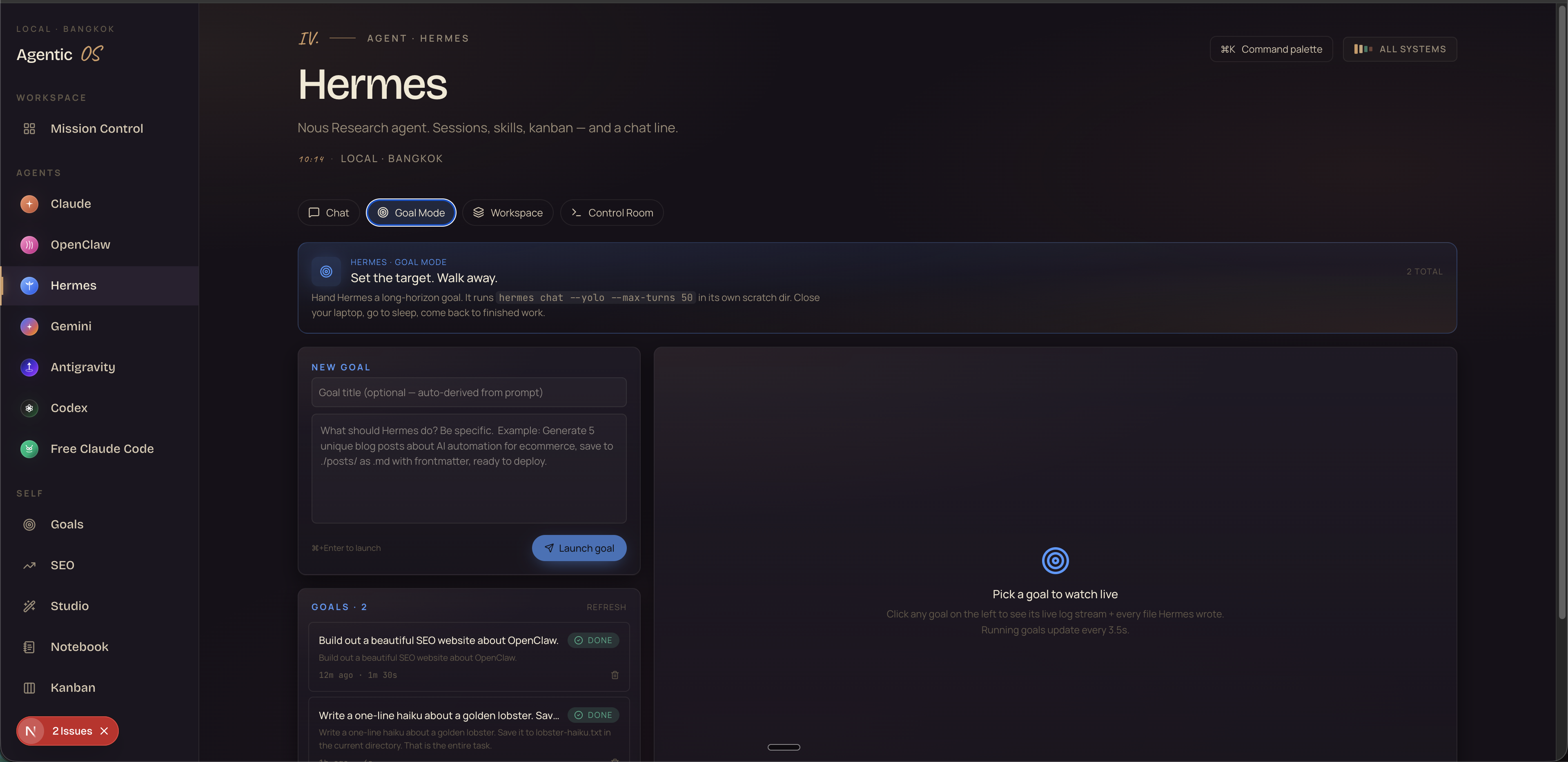 Hermes Goal Mode in Mission Control — 2 goals (SEO website about OpenClaw, one-line haiku about golden lobster), both DONE
