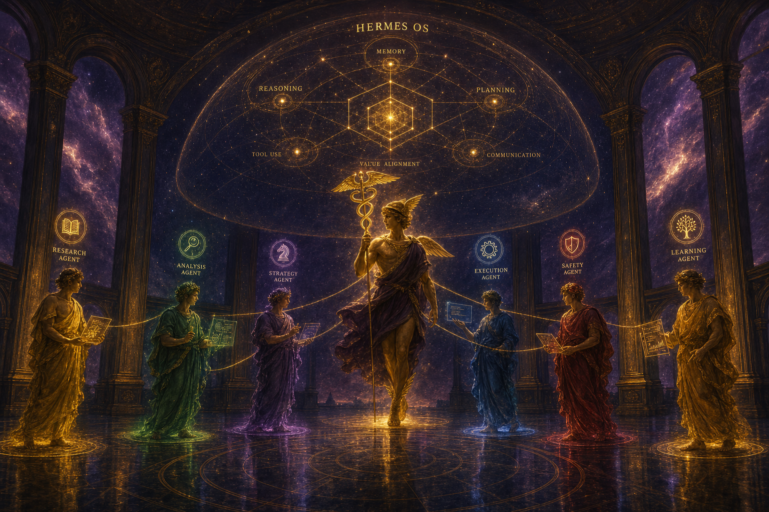 Hermes the messenger conducting a semicircle of luminous agent attendants under a unified constellation dome — the Hermes Agent OS