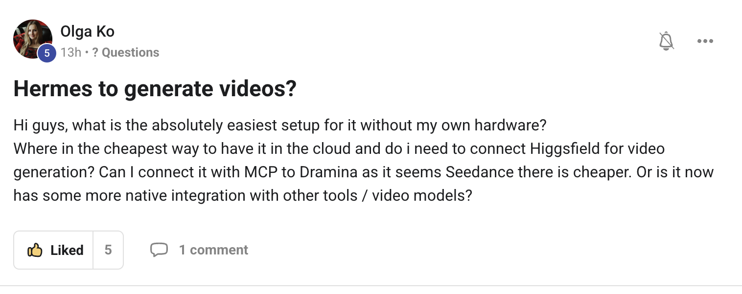 Olga Ko asks for cheapest cloud setup for Hermes video generation