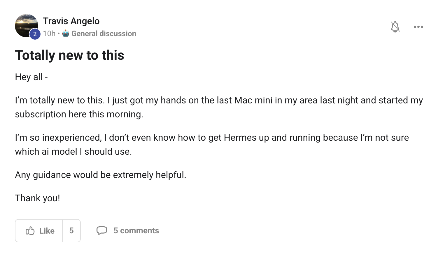 Travis Angelo asks how to get started with Hermes — which AI model to use