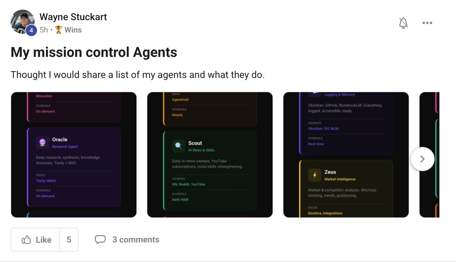Wayne's mission control agents — Oracle, Scout, Agentmail, Zeus and others