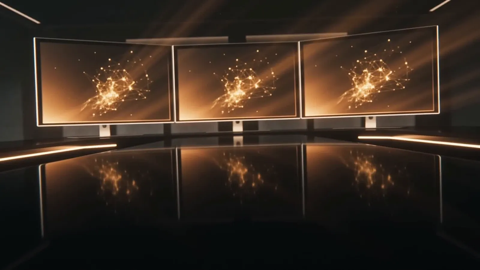 Cinematic push-in across a dark desk lit by gold monitor glow