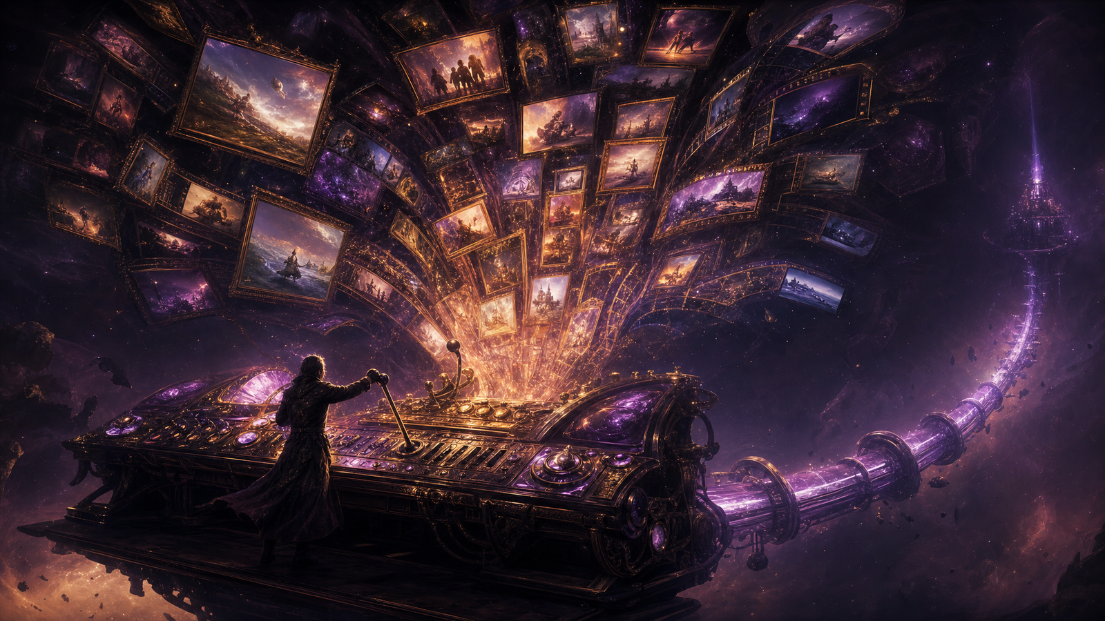 An ornate control desk floating in space, a figure pulling a lever as luminous film frames spiral upward