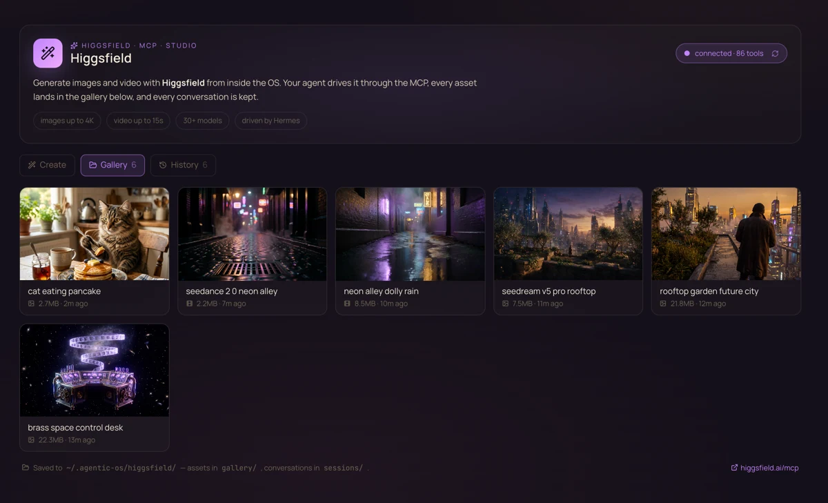 The Higgsfield section inside the Agent OS showing the connected MCP and a gallery of generated images and video