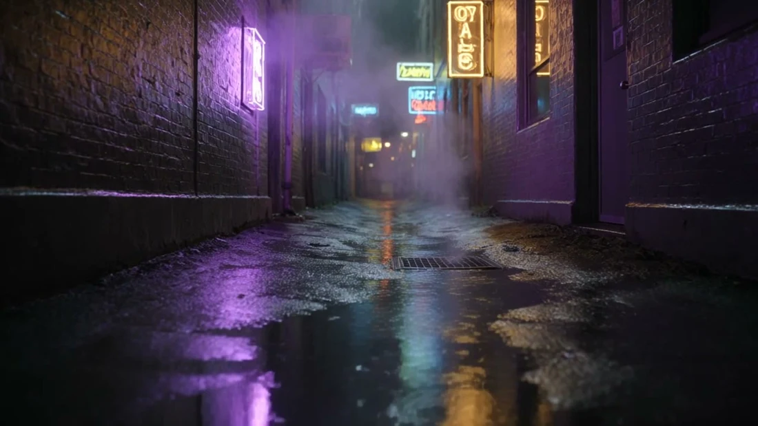 A rain-soaked neon alley at night, violet and gold signs reflected in wet cobbles