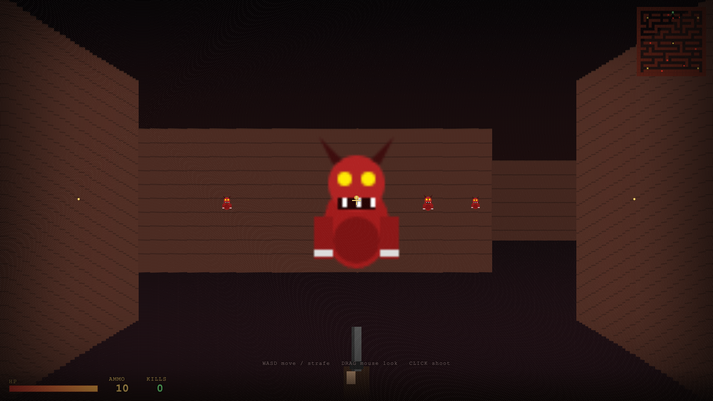 Hy3's DOOM raycaster: a horned demon with glowing eyes in a brick-shaded corridor, minimap top-right, HP meter and ammo HUD