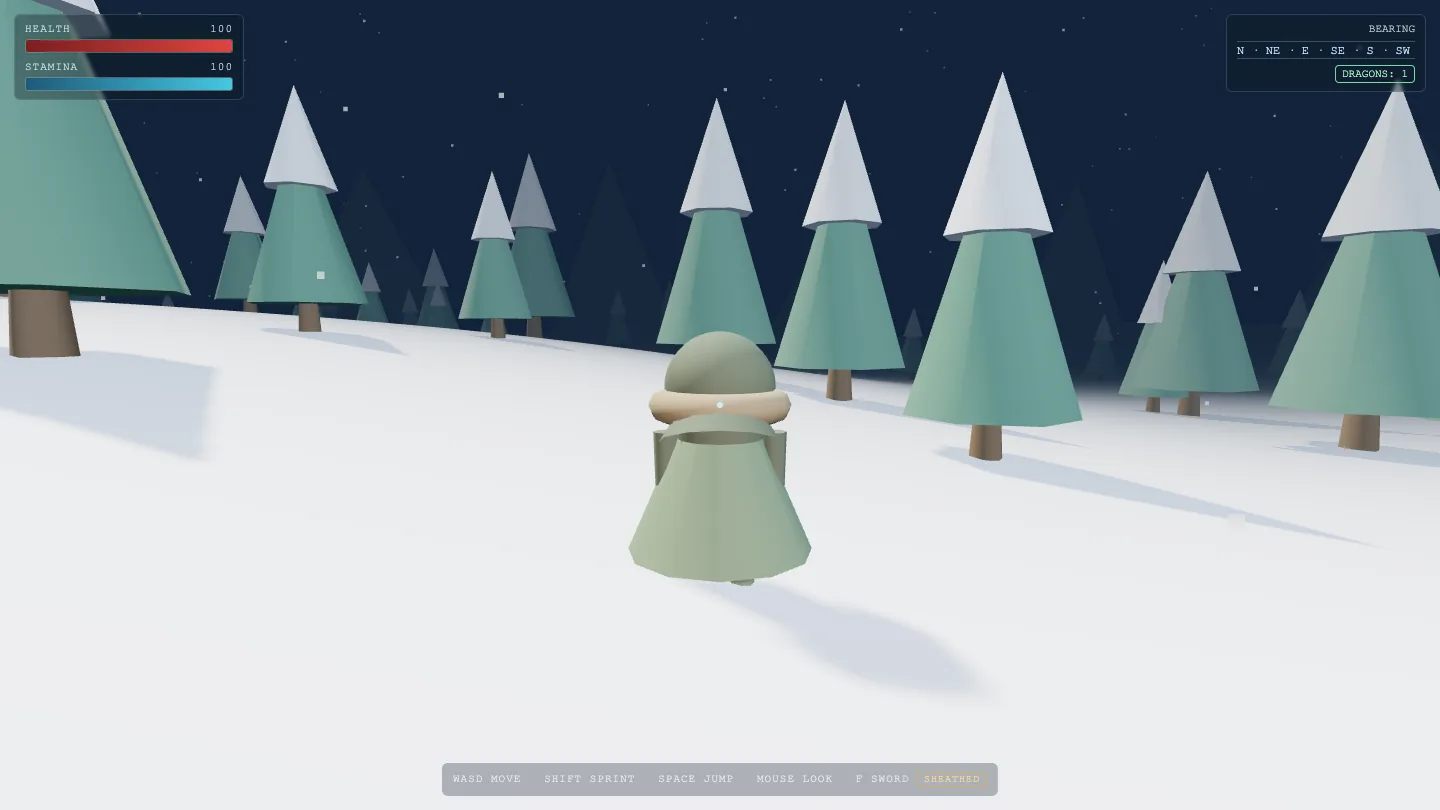 Hy3 Dragon Realm: hooded ranger walking through a snowy pine forest at night, health and stamina meters, compass strip