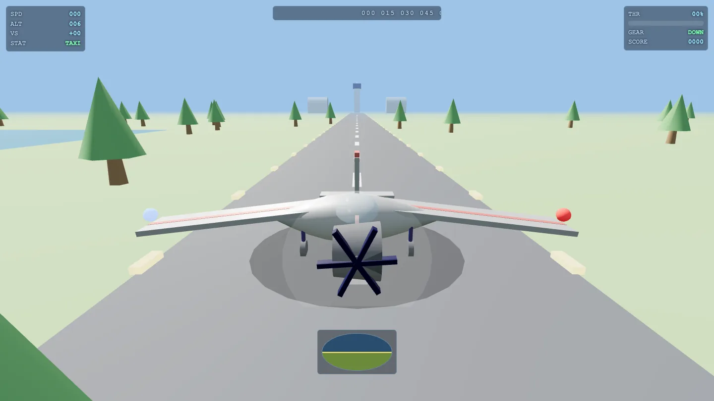 Hy3 flight sim: red and white plane on a runway with centreline, artificial horizon instrument, heading tape, throttle meter