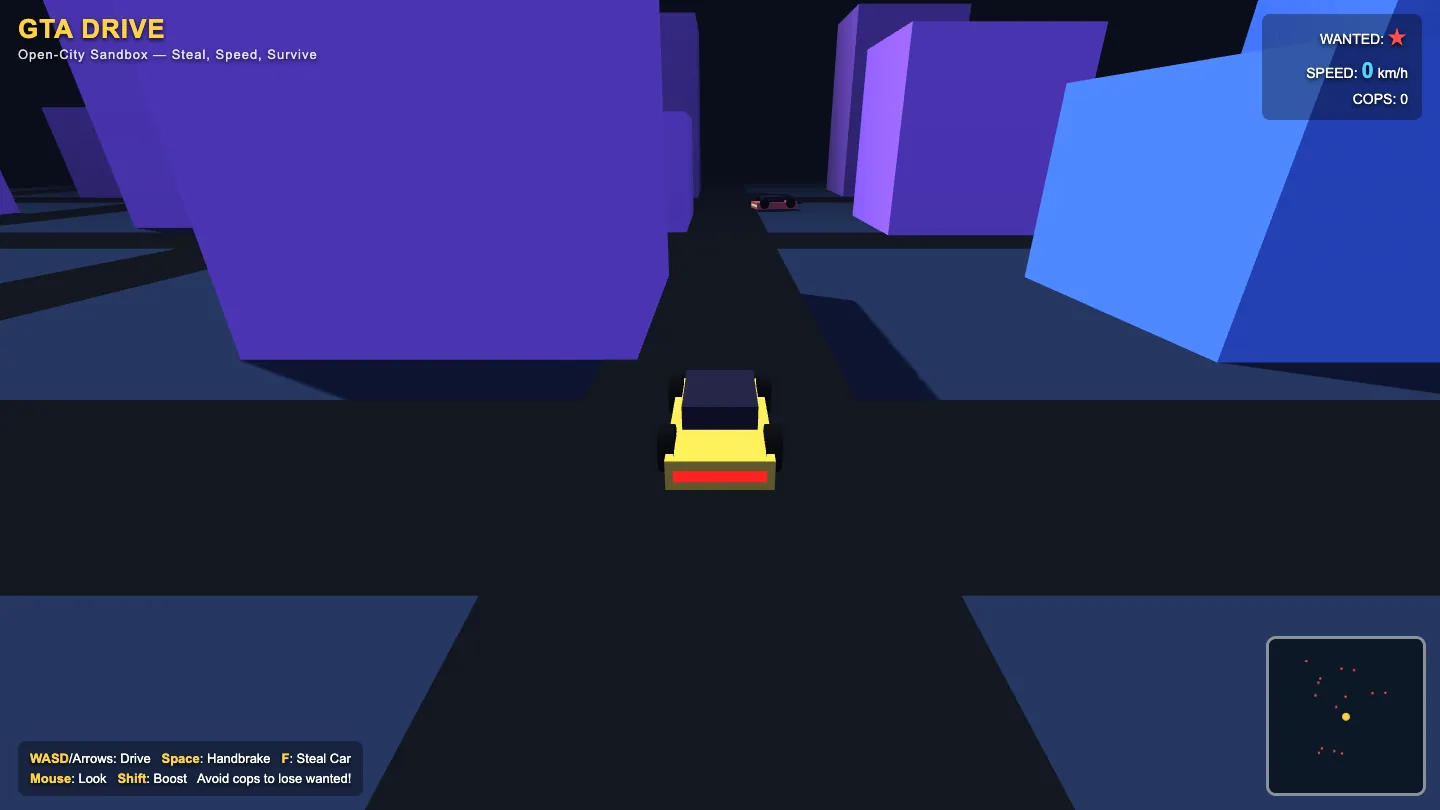 Hy3 GTA drive: yellow car on night city streets with purple buildings, wanted stars, speed HUD and minimap
