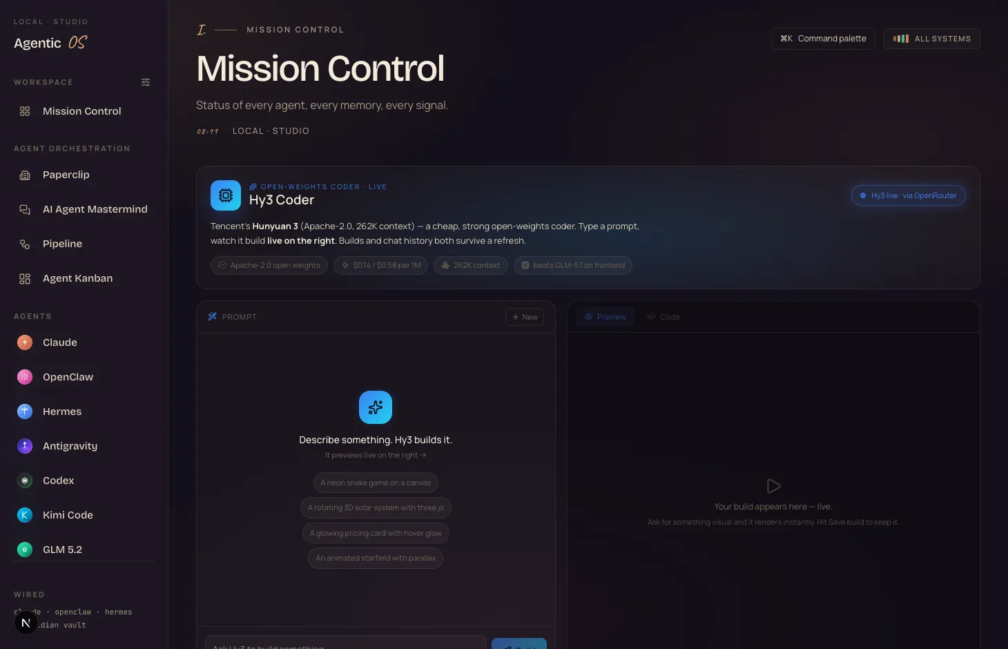 The Hy3 Coder tab inside the Agent OS: blue hero card with Apache-2.0 and pricing chips, prompt panel with suggestions, live preview panel