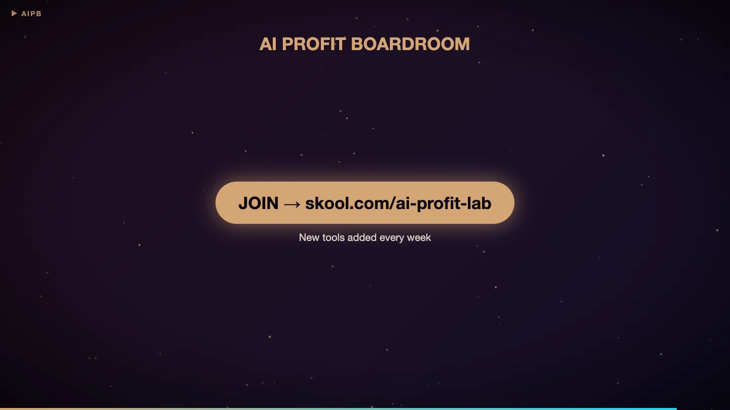 Hy3 AIPB promo video end scene: JOIN skool.com/ai-profit-lab pulsing gold button with title lockup and full progress bar
