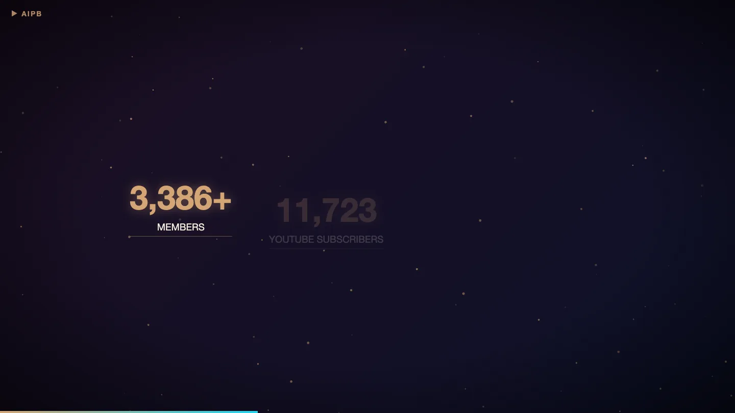 Hy3 AIPB promo video mid-play: gold 3,386+ members counter animating up with particle background and progress bar