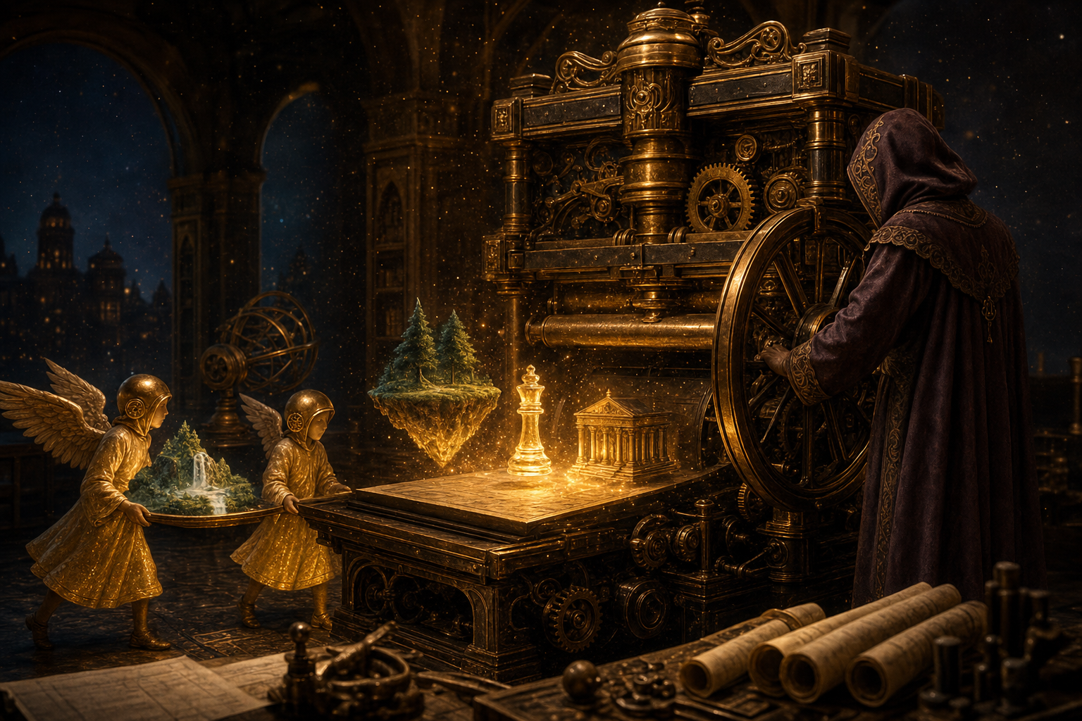 A grand brass printing press printing solid three-dimensional objects — a glowing floating island with pine trees, a glass chess piece and a tiny golden temple rise from its tray — while a fully clothed hooded operator in a full-length robe turns the wheel and two fully clothed winged assistants in knee-length tunics carry a freshly printed miniature world