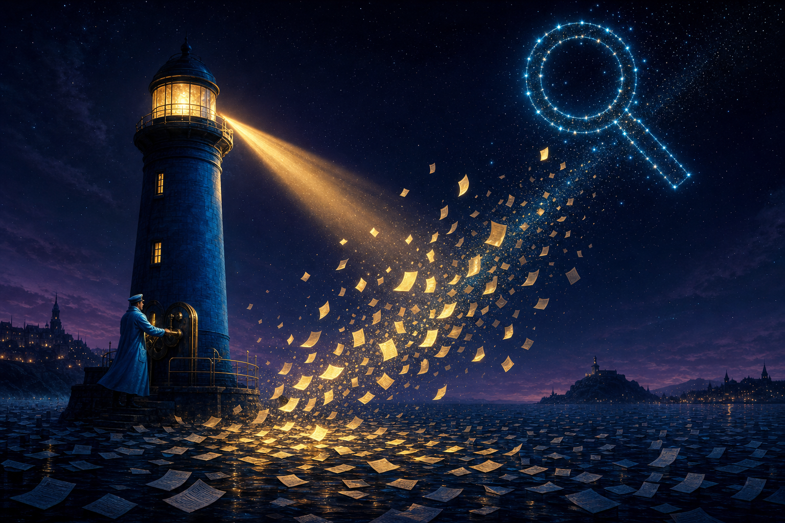 A lighthouse beam sweeping a dark sea of floating pages, lighting them gold as they rise toward a magnifying-glass constellation