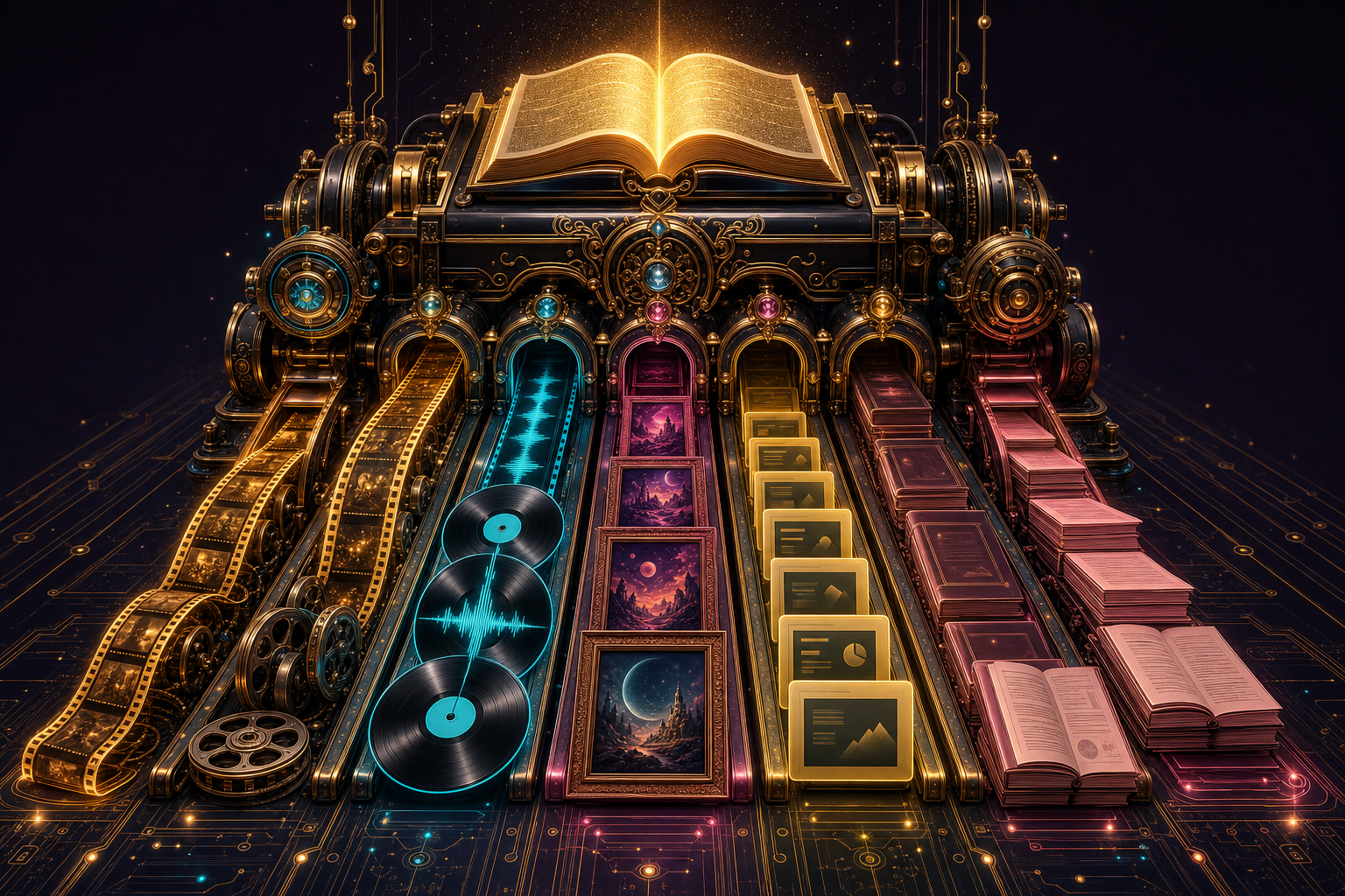 An ornate machine in a dark studio: one glowing book feeds in, and five colour-lit chutes flow out with film strips, records, posters, slides and reports