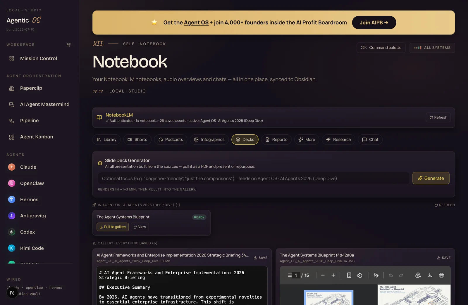The Decks tab: slide deck generator and a gallery with an inline 15-page PDF viewer showing The Agent Systems Blueprint