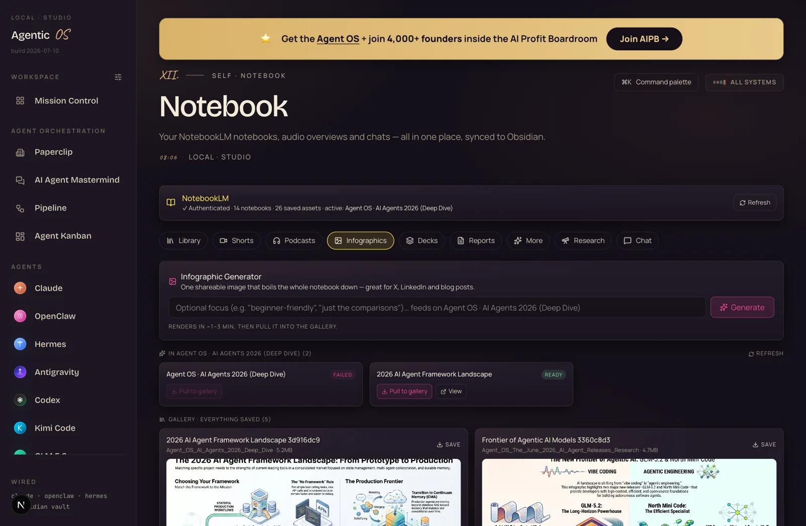 The Infographics tab: pink-accented generator, live artifacts with READY and FAILED badges, and a gallery of full infographic images