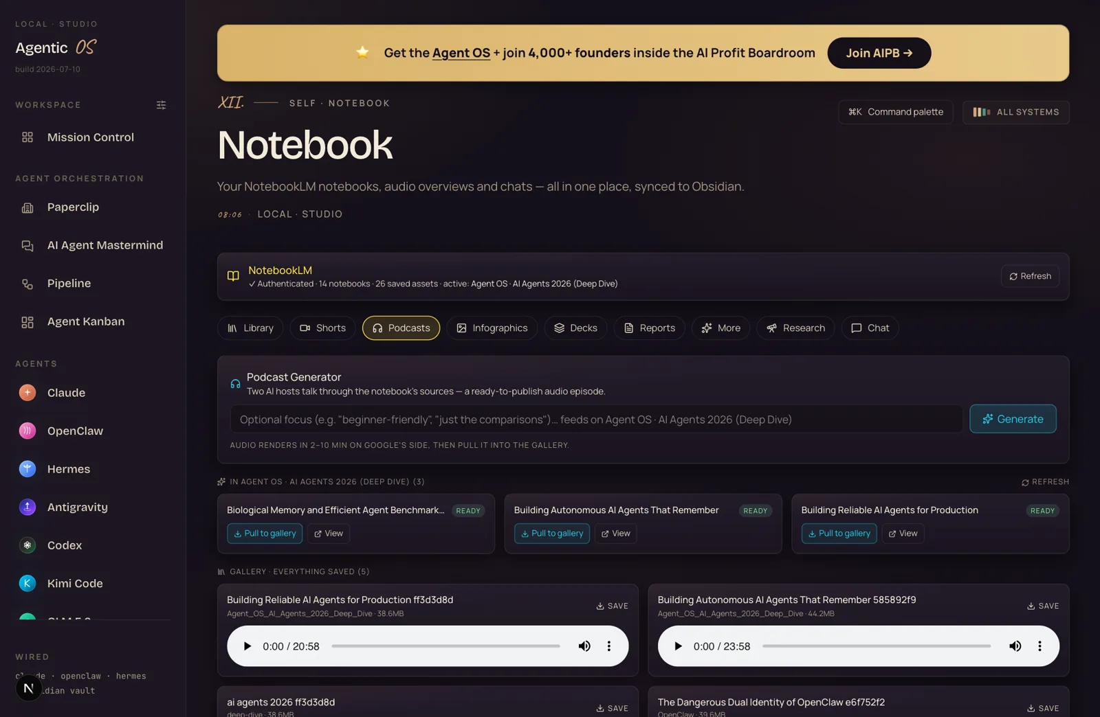 The Podcasts tab: generator on top, three READY episodes in the notebook, and a gallery with playable 20-minute audio players