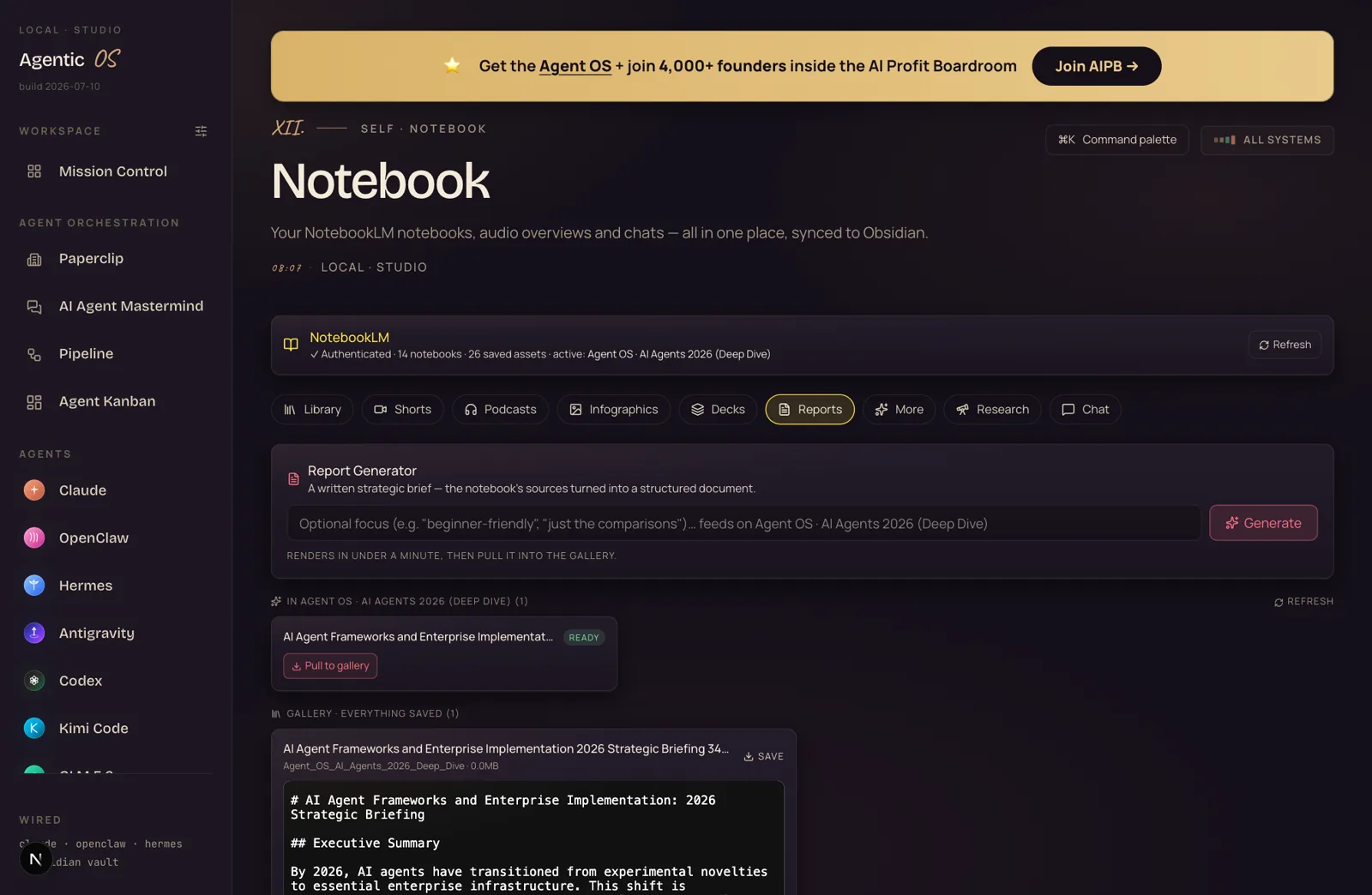 The Reports tab: report generator and a gallery showing a markdown strategic briefing with executive summary