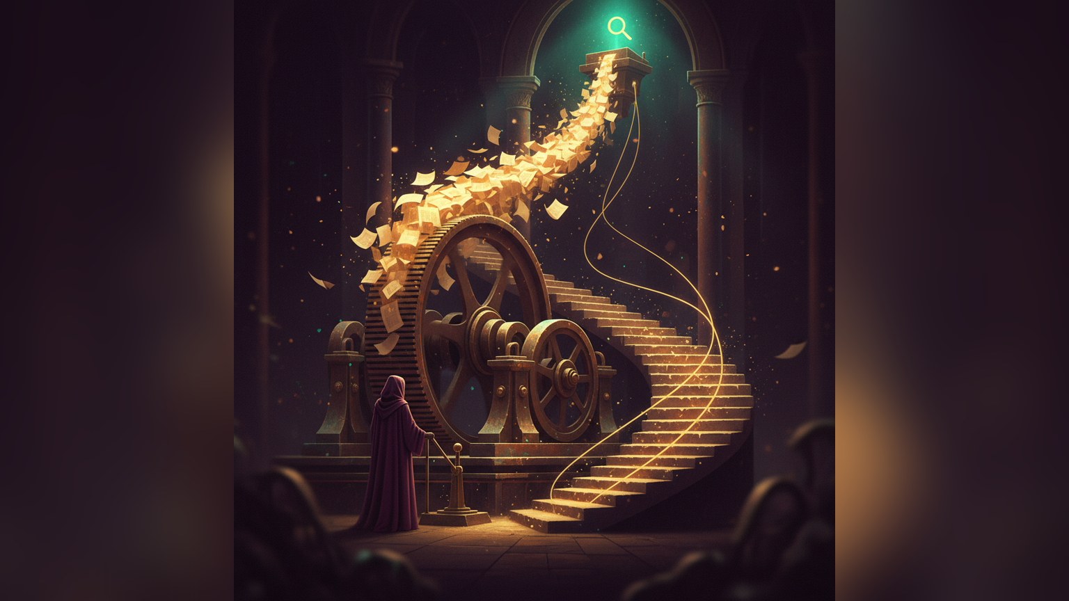 A colossal bronze engine pours glowing golden pages up a staircase toward a search podium while a small engineer fully clothed in a long hooded robe watches the loop