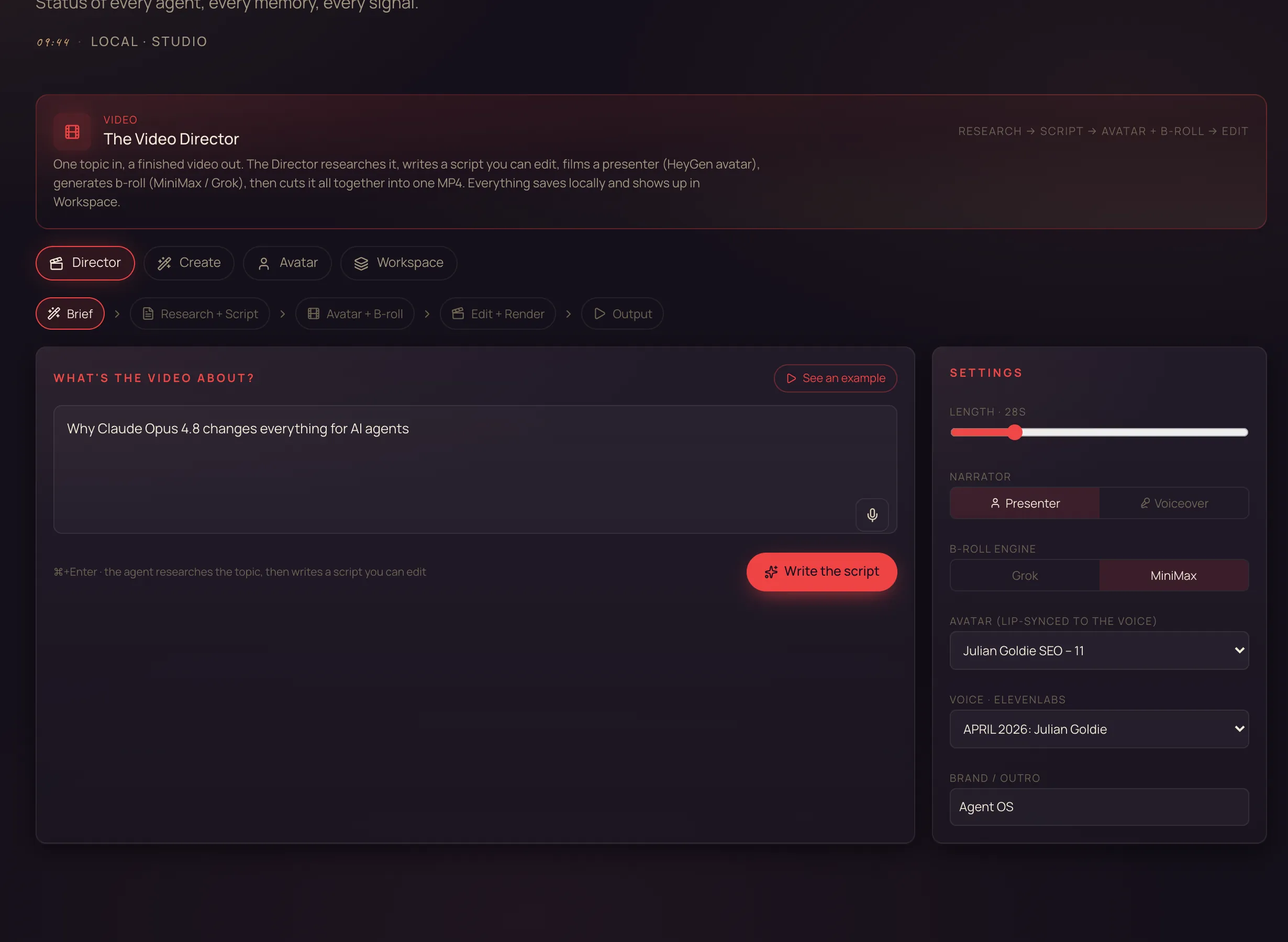 The Director's Brief screen: a box to type your topic, a 'See an example' button, and settings for length, presenter vs voiceover, b-roll engine, your avatar and your ElevenLabs voice