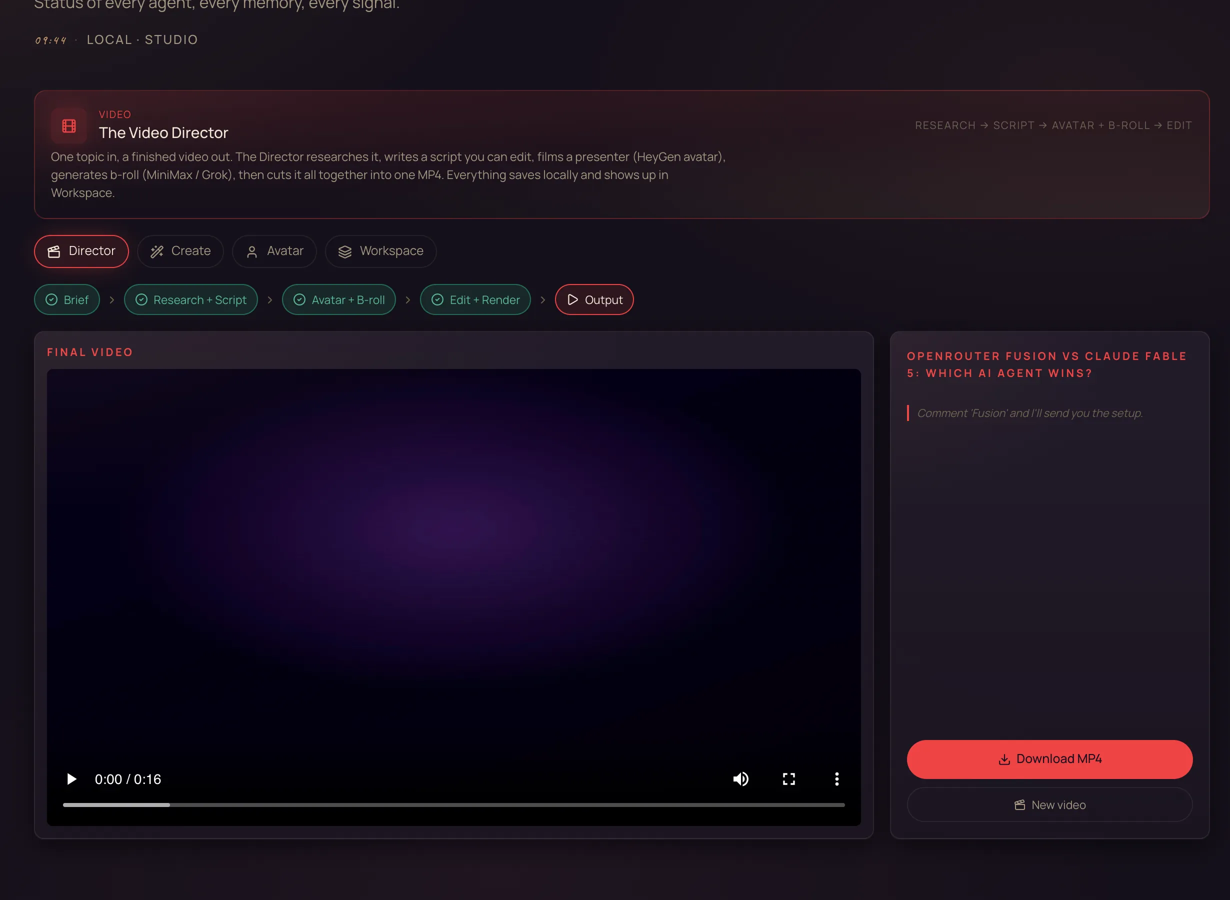 The Output stage: the finished video playing inline with a download button and the title, description and CTA beside it