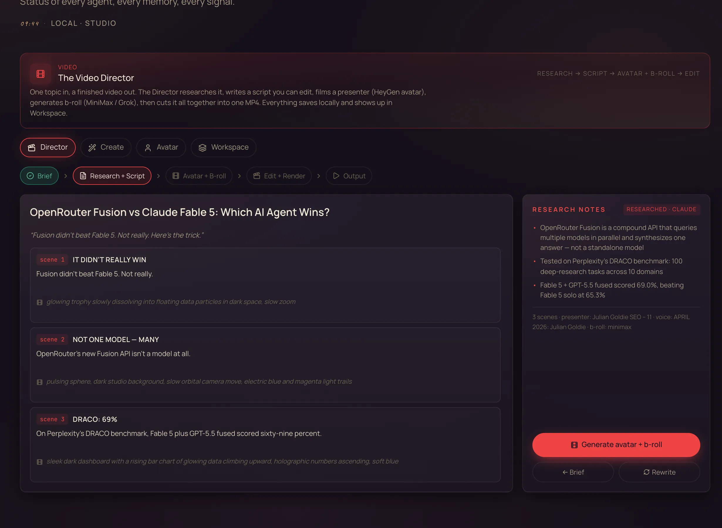 The Research + Script stage: the full editable script with scene captions and b-roll prompts on the left, and a Research Notes panel on the right showing the live facts it pulled, tagged 'researched · claude'