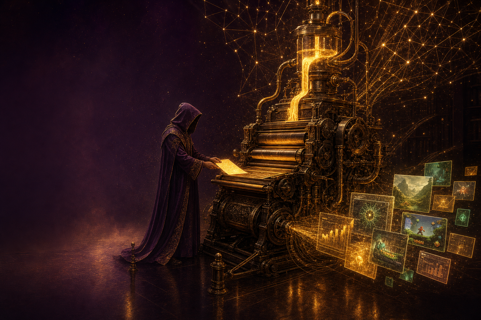 A glowing antique printing press reimagined as an AI machine, molten gold ink flowing in and finished app windows printing out, a robed operator fully clothed in a long hooded robe feeding one sheet of paper in