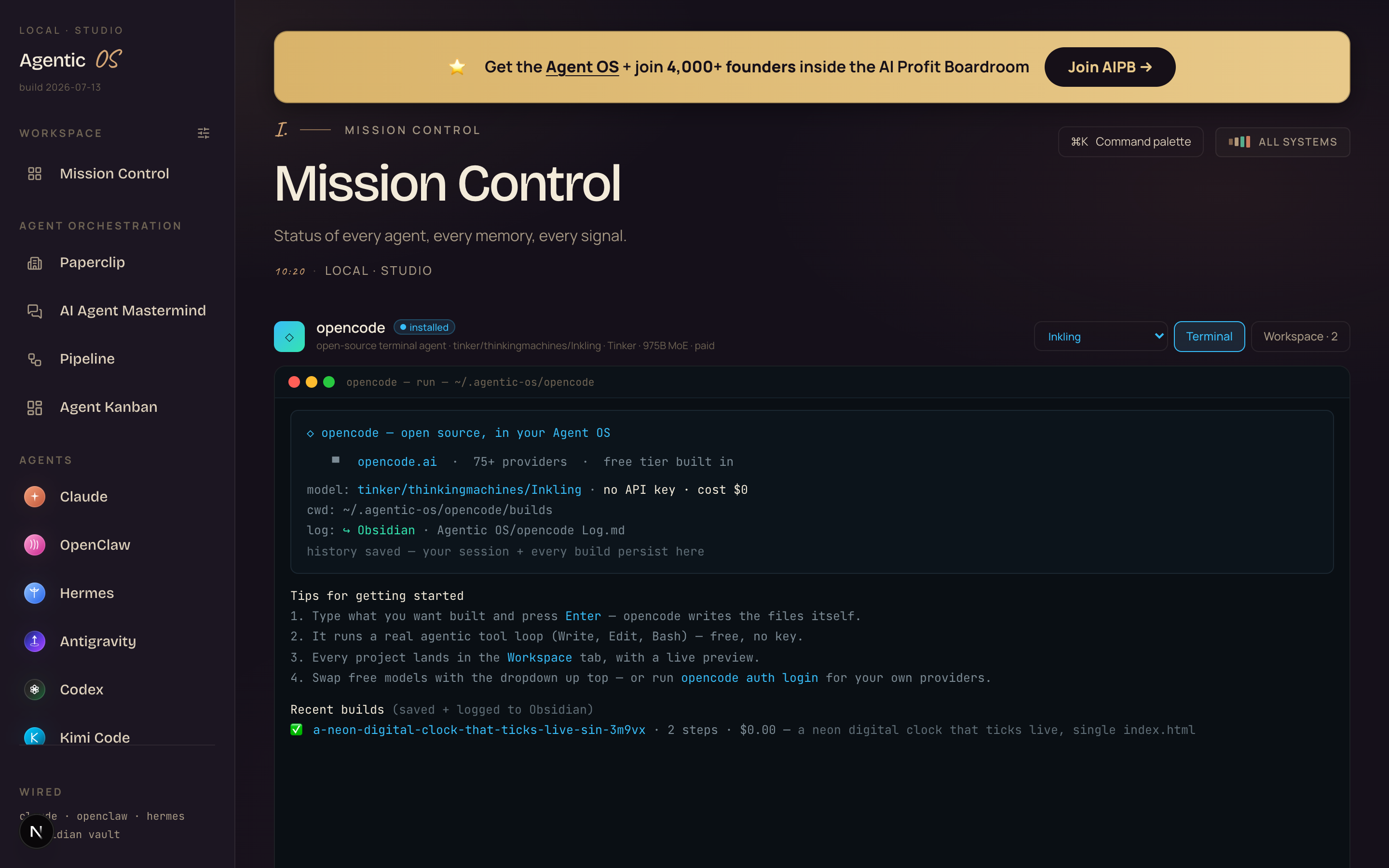 The opencode tab inside the Agent OS with Inkling selected in the model dropdown