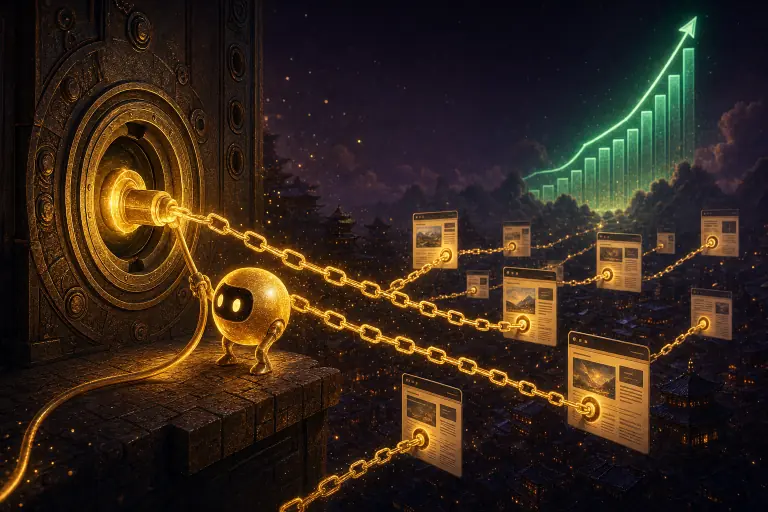 A small golden AI agent orb plugs a glowing cable into a bronze socket wall while golden chain links stream onto floating web pages and an emerald chart climbs