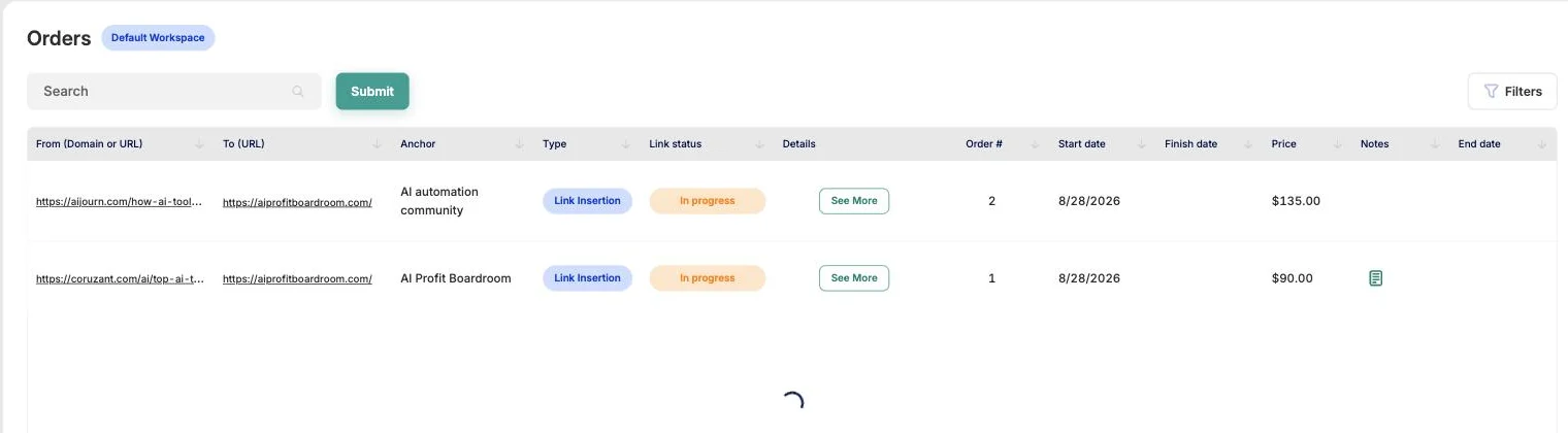 Insert.Link Orders dashboard showing two real link insertion orders to aiprofitboardroom.com, both In progress, $135 and $90