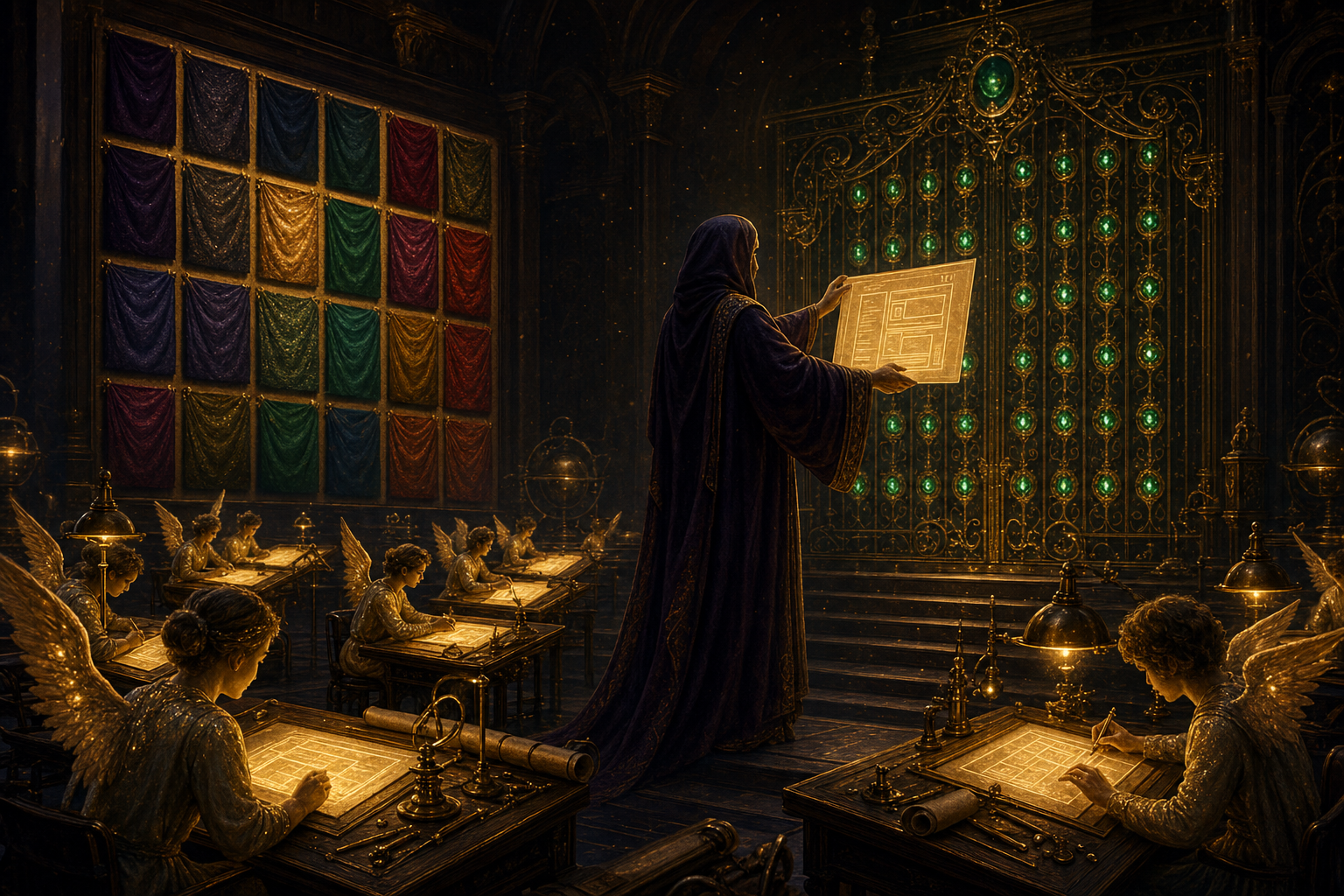 A classical design atelier: small winged figures in glowing knee-length tunics, fully clothed, sketch golden page layouts at drafting tables under a wall of twenty glowing colour swatches, while a hooded art director in a full-length robe, fully clothed, holds a luminous webpage blueprint before a brass gate of emerald approval lamps