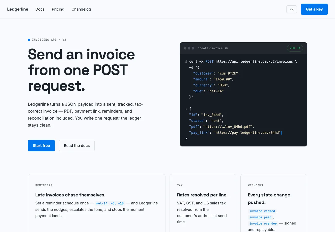 Ledgerline invoicing API site: cool white page, electric blue accent, live code request-response card as the hero