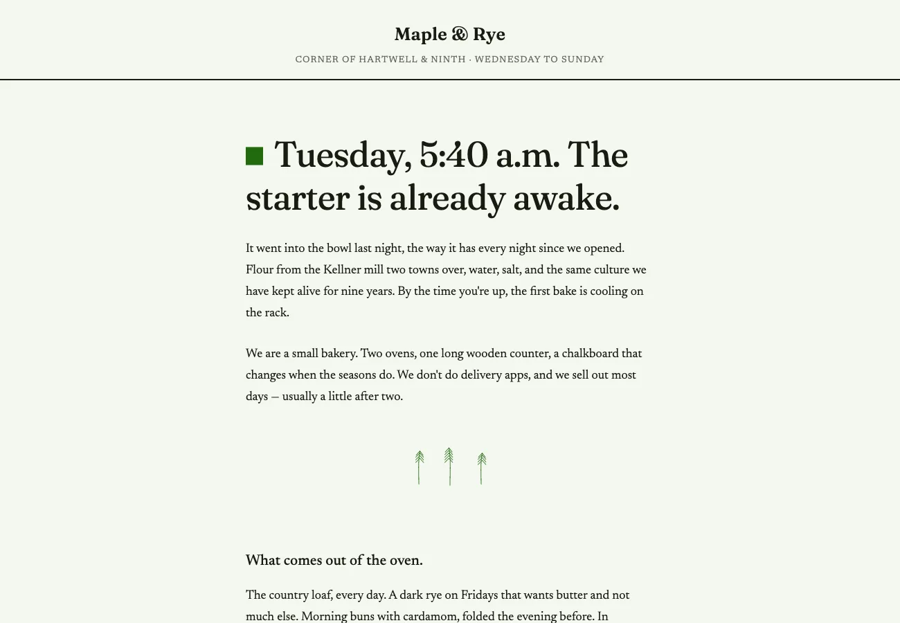 Maple and Rye bakery site: serif masthead, letter-style prose page on warm paper with a leaf-green accent
