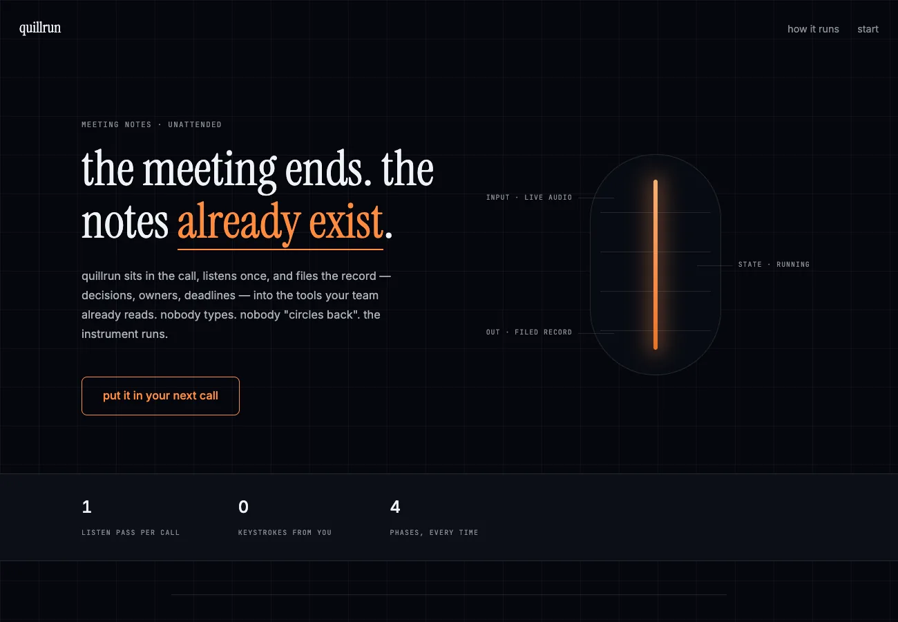 quillrun AI meeting-notes tool: near-black violet canvas with lowercase serif headline, a glowing brass filament instrument with technical callout labels, and a numbered phase workflow