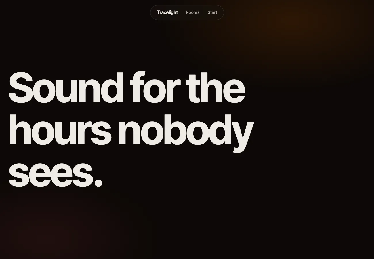 Tracelight AI music tool: dark canvas with huge statement type filling the screen and warm amber glow