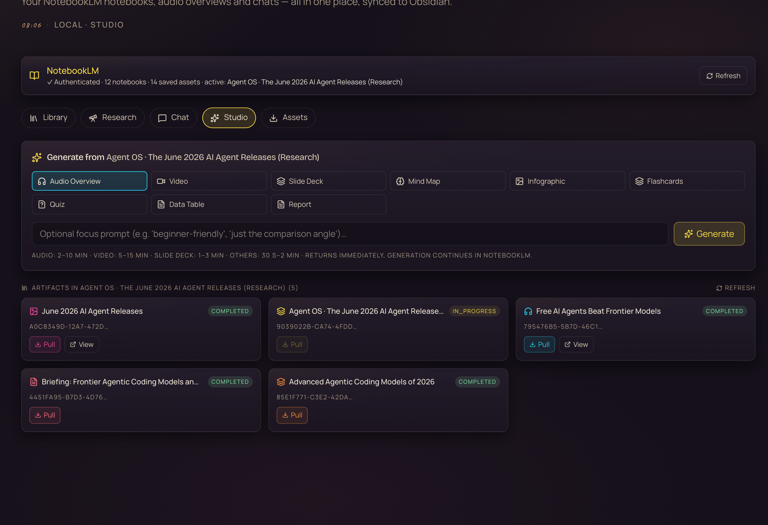 The Agent OS Studio tab for the research notebook — buttons to generate Audio Overview, Video, Slide Deck, Mind Map, Infographic, Flashcards, Quiz, plus a list of the completed artifacts (podcast, briefing, mind map) made for this notebook